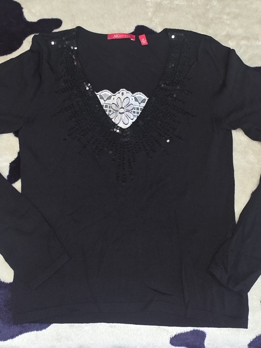 Anne Klein Black V-Neck Embellished Women's Top